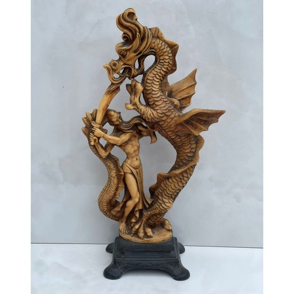 Chinese Japanese Carved Warrior With Sword Fighting Dragon Statue Brown Sz 15.5" - Picture 1 of 12